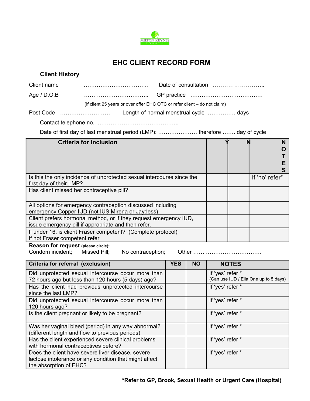 Ehc Client Record Form
