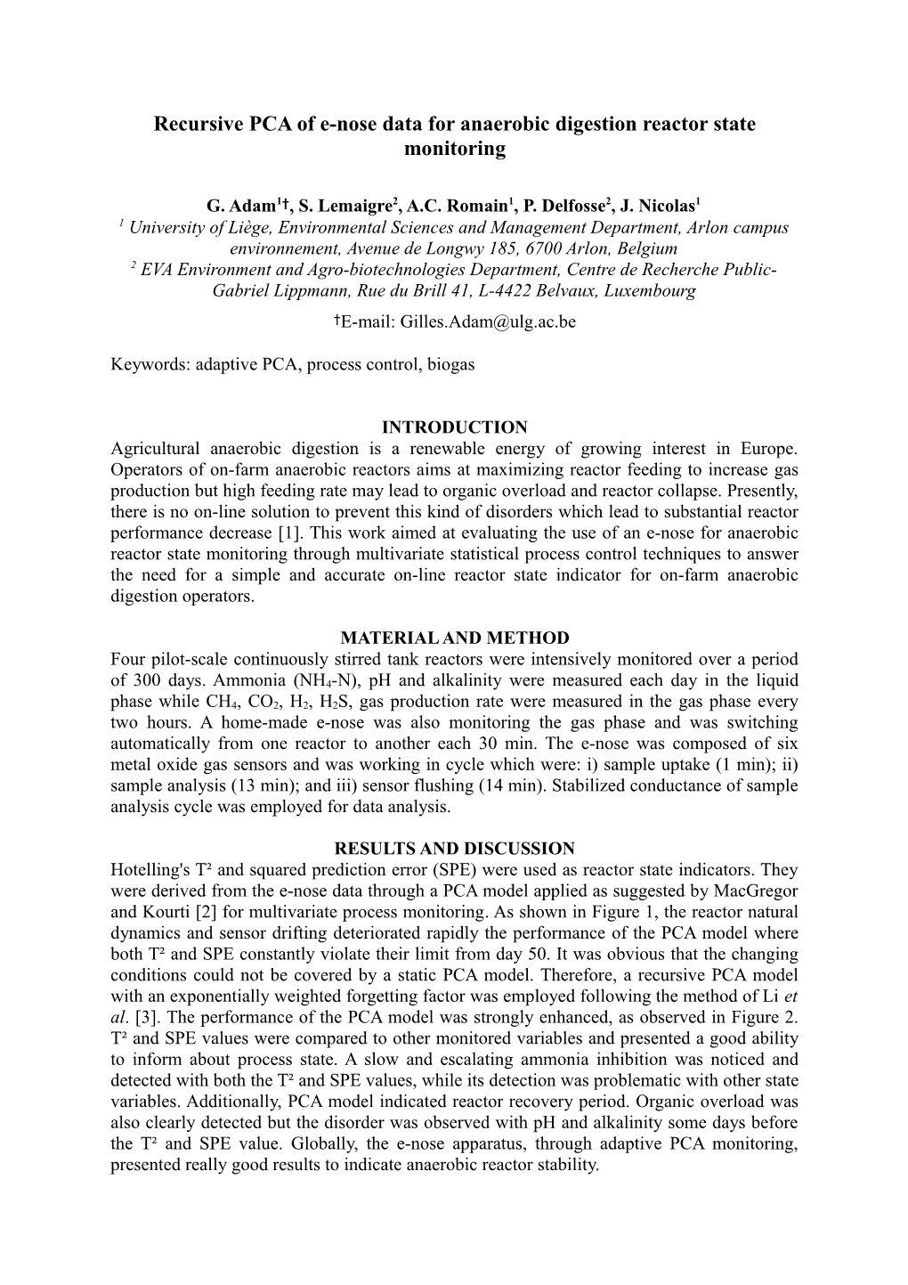 Recursive PCA of E-Nose Data for Anaerobic Digestion Reactor State Monitoring