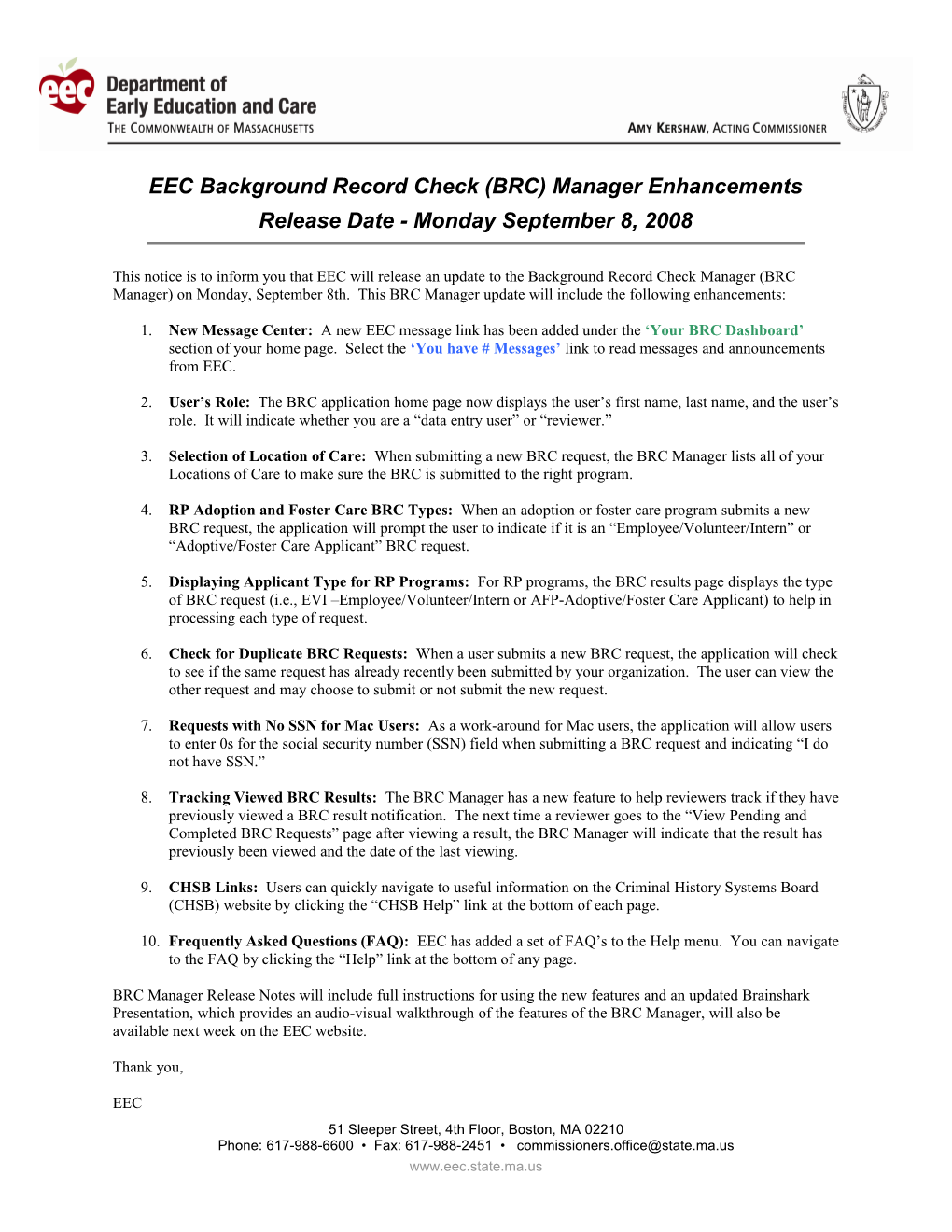EEC Background Record Check (BRC) Manager Enhancements