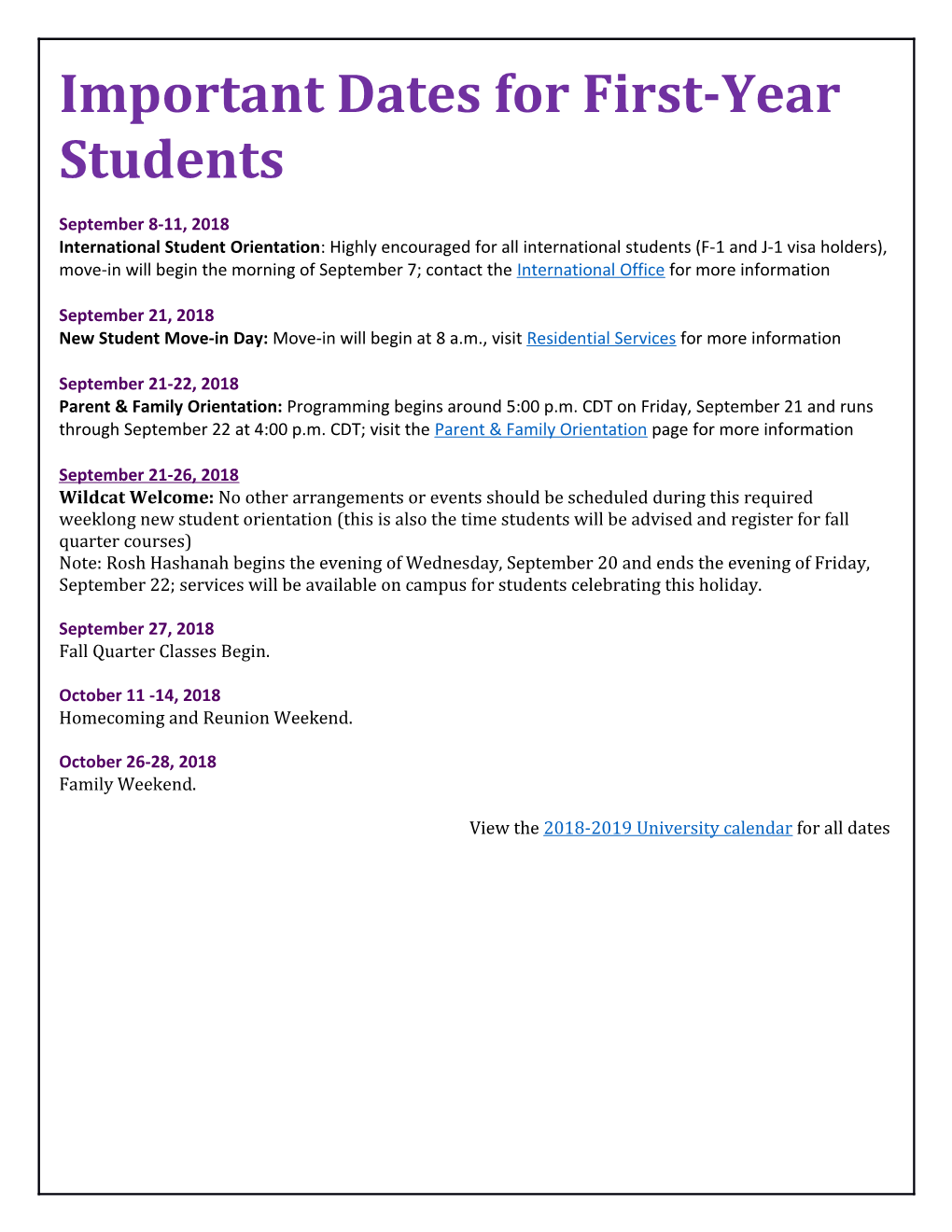 Important Dates for First-Year Students