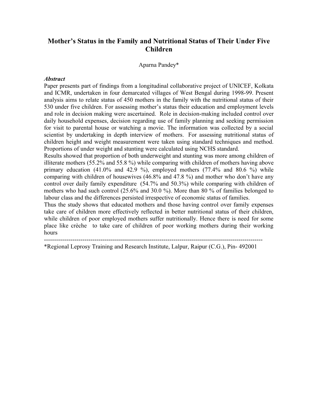 Title Mother S Status in the Family and Nutritional Status of Their Under Five Children