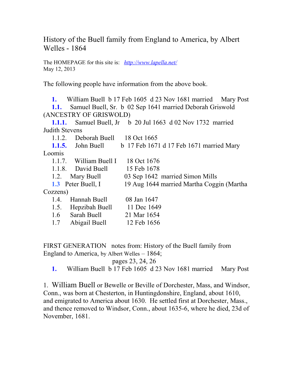 History of the Buell Family from England to America, by Welles, Pg 23, 24, 25, 26, 27, 28