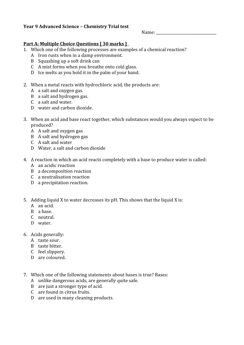 Year 9 Advanced Science Chemistry Trial Test