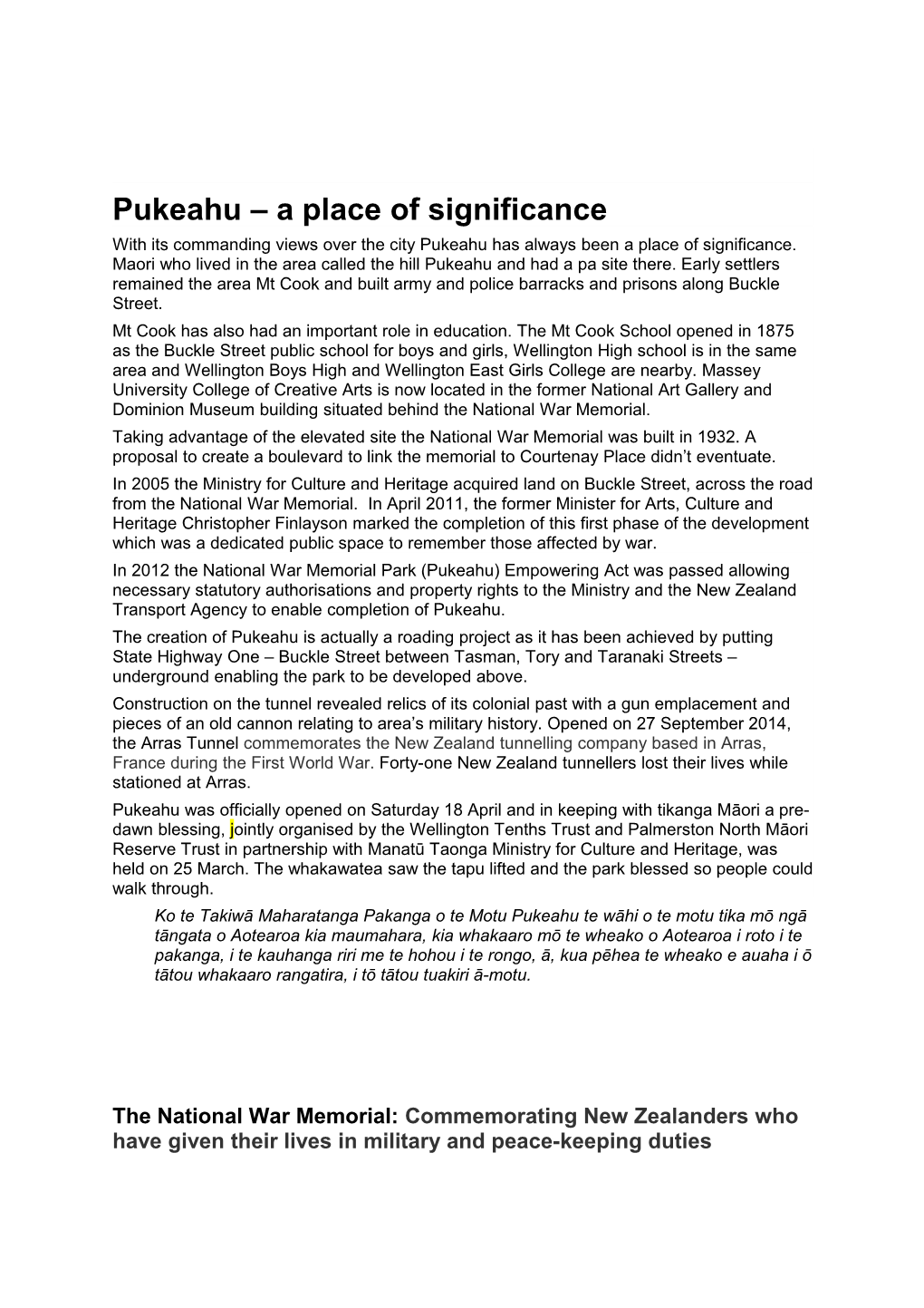 Pukeahu a Place of Significance