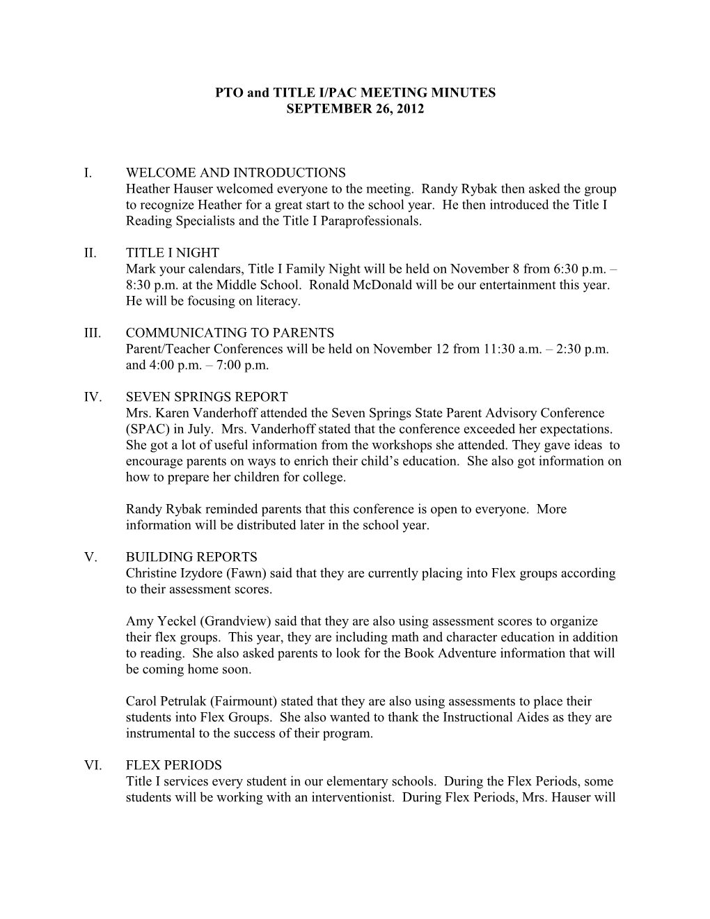 PTO and TITLE I/PAC MEETING MINUTES