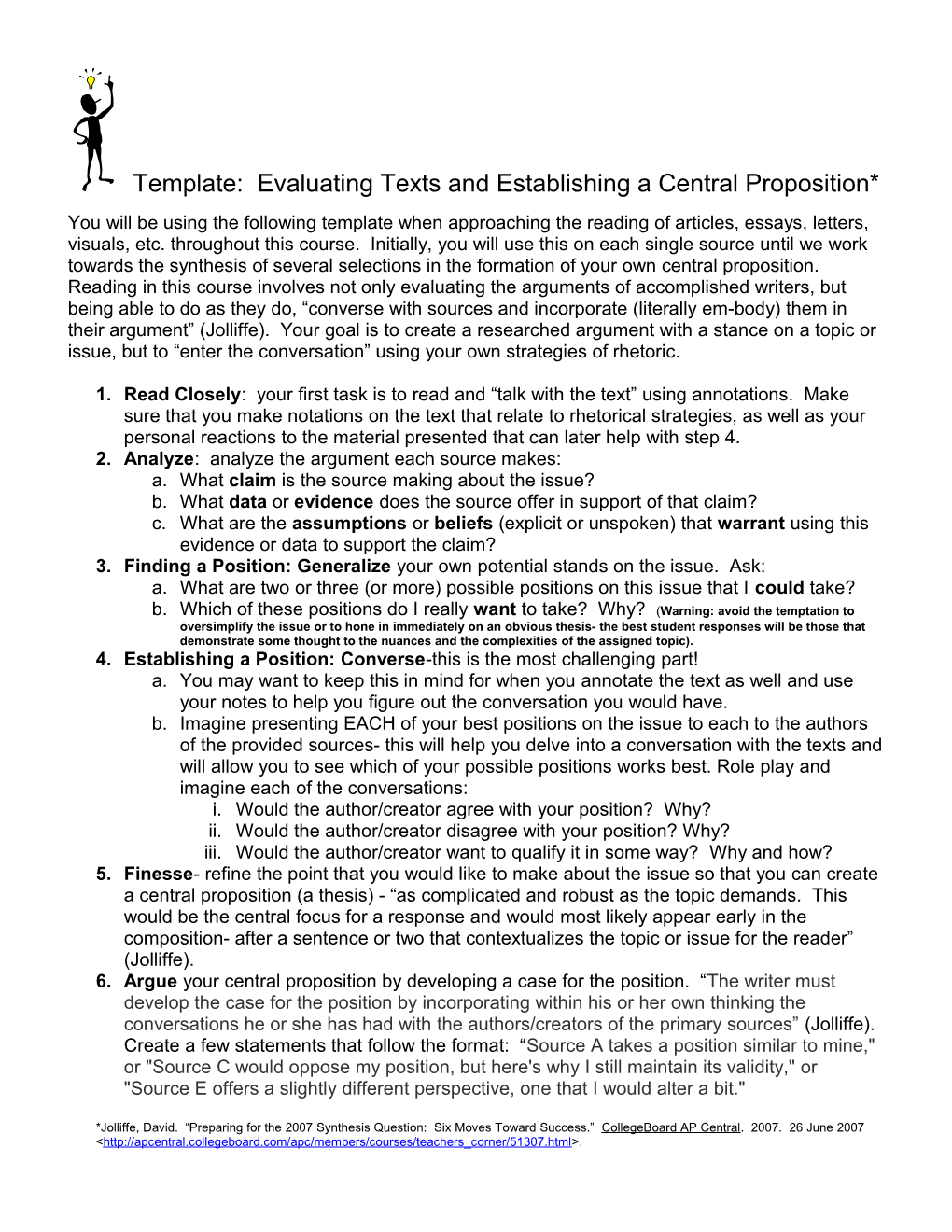 Template: Evaluating Texts and Establishing a Central Proposition*