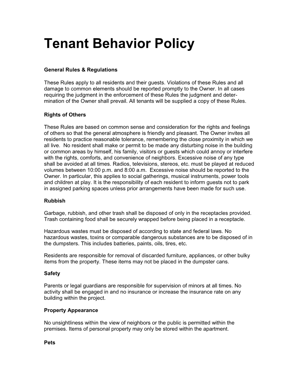 Tenant Behavior Policy