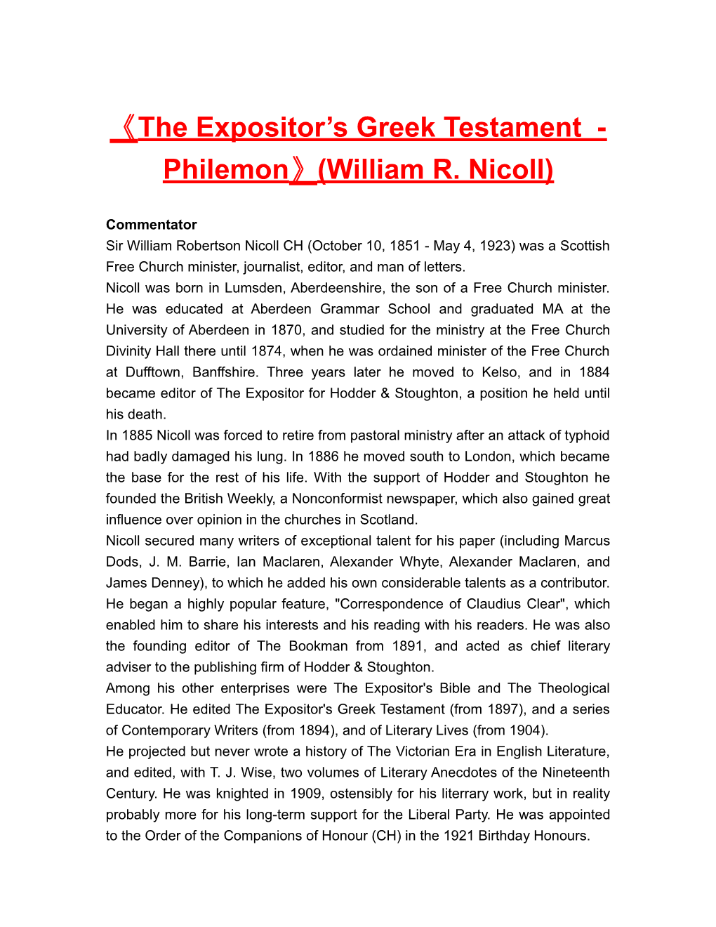 The Expositor Sgreek Testament -Philemon (William R. Nicoll)