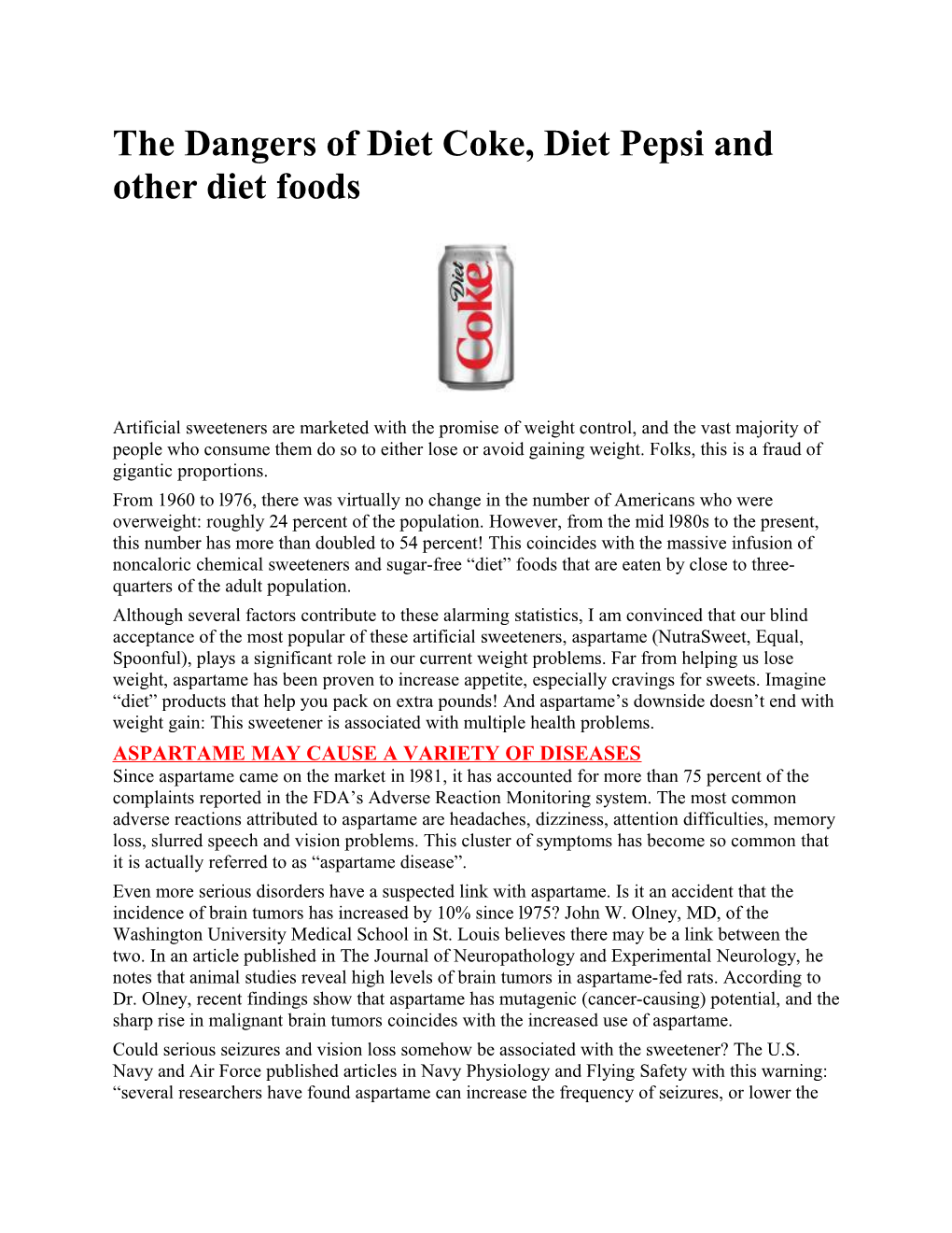 The Dangers of Diet Coke, Diet Pepsi and Other Dietfoods