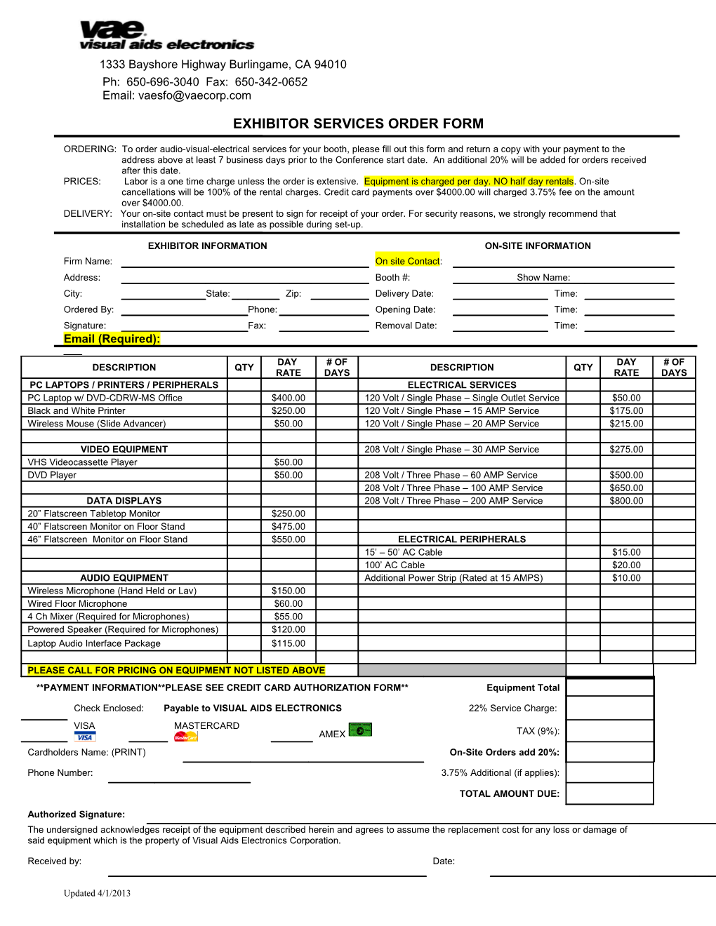 Exhibitorservices Order Form