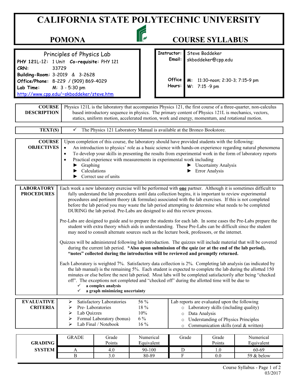 Boddeker: Physics 121 Lab