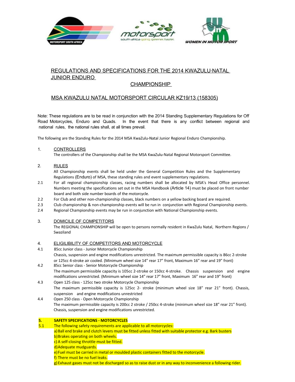 Regulationsandspecificationsforthe2014kwazulu Nataljuniorenduro Championship