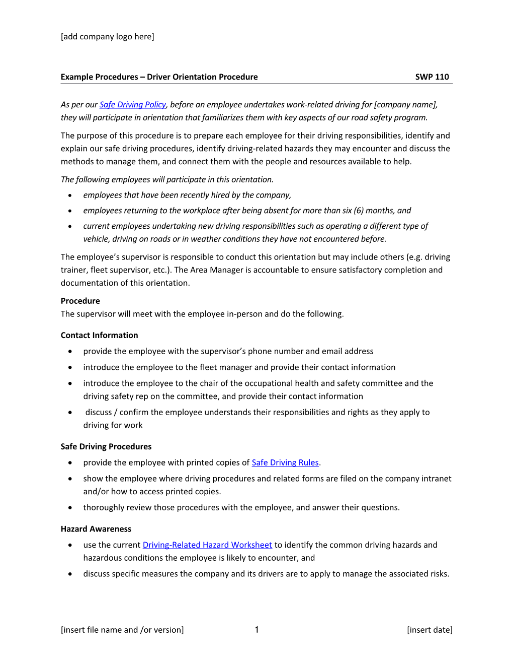 Example Procedures Driver Orientation Procedure SWP 110