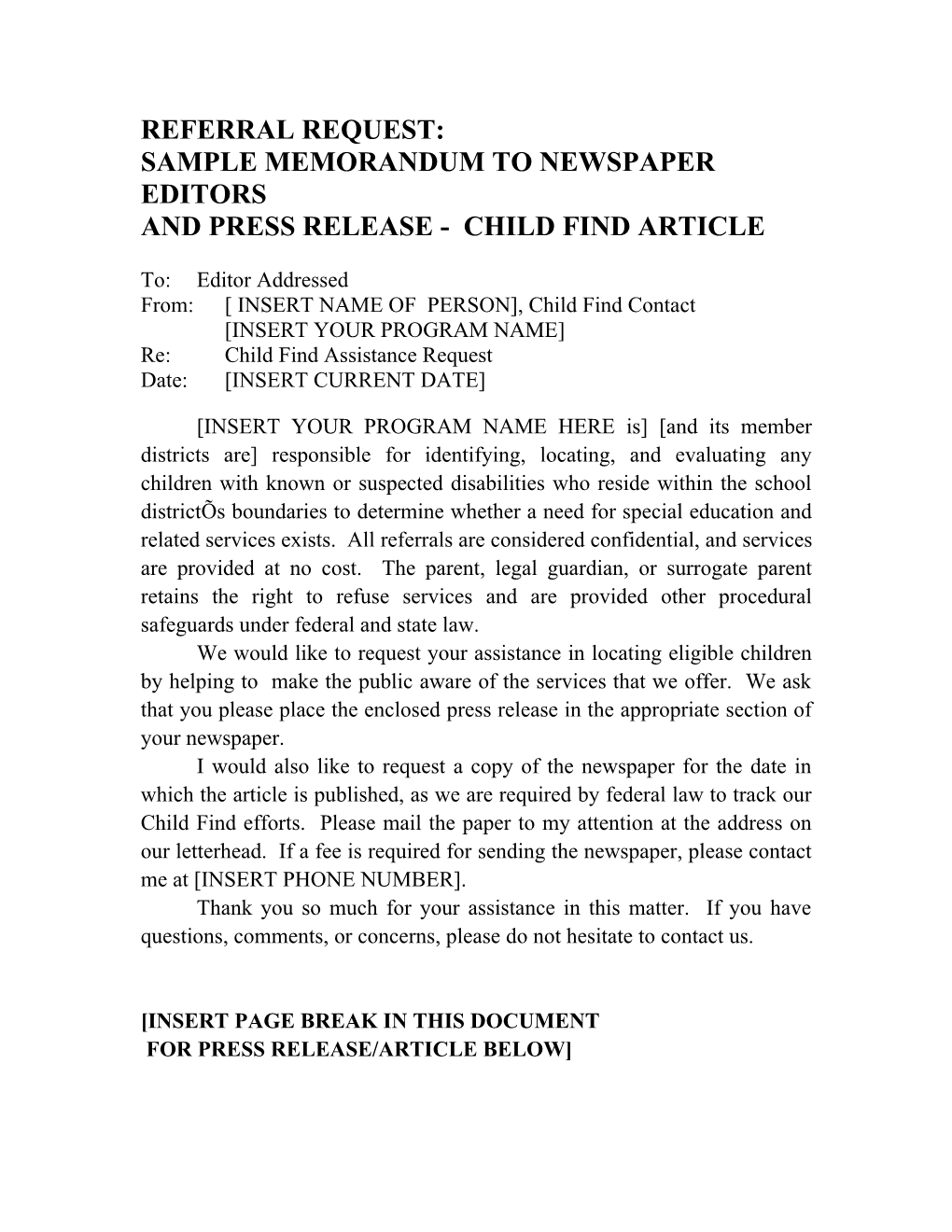 Sample Memorandum to Newspaper Editors