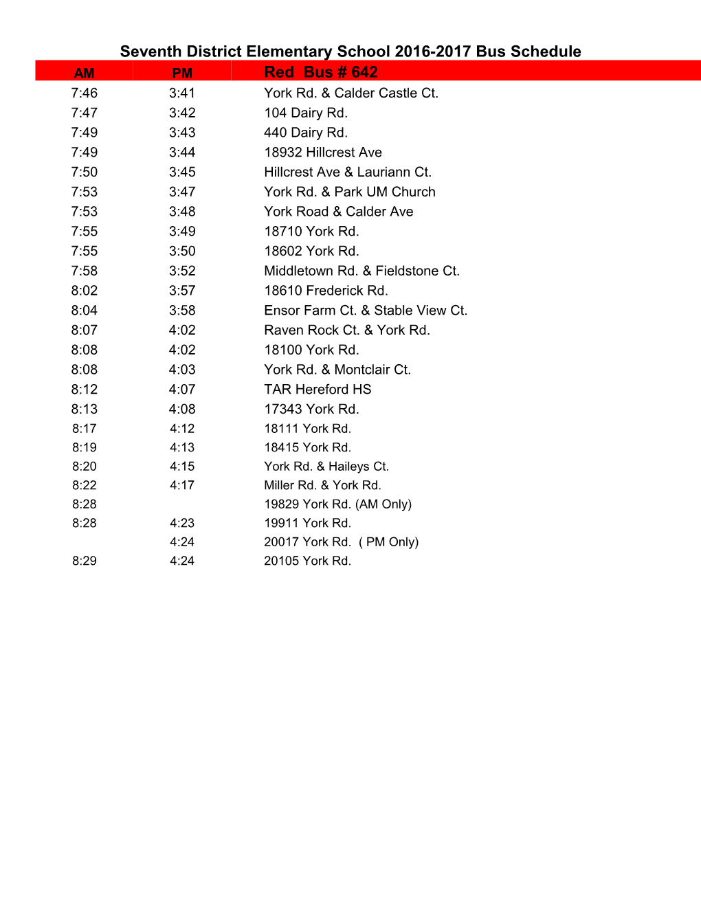 Seventh District Elementary School 2016-2017 Bus Schedule