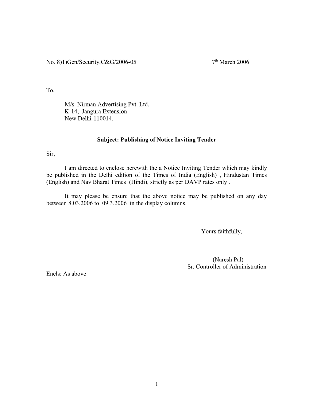 Subject: Publishing of Notice Inviting Tender