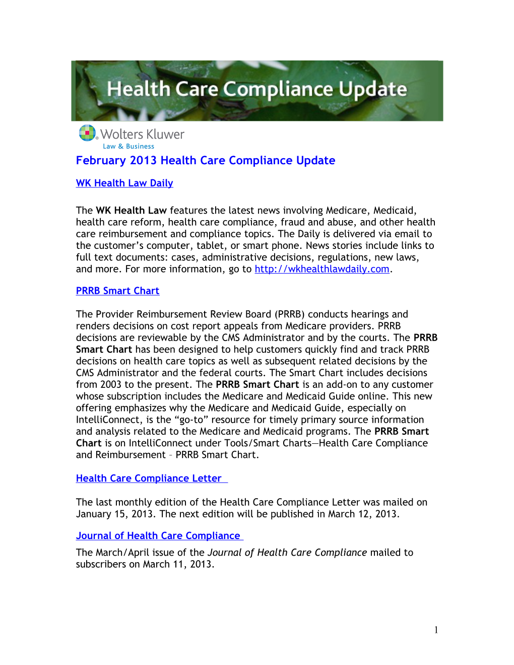 February 2013 Health Care Compliance Update