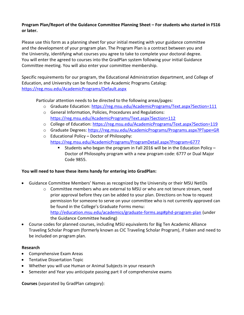 Program Plan/Report of the Guidance Committee Planning Sheet for Students Who Started