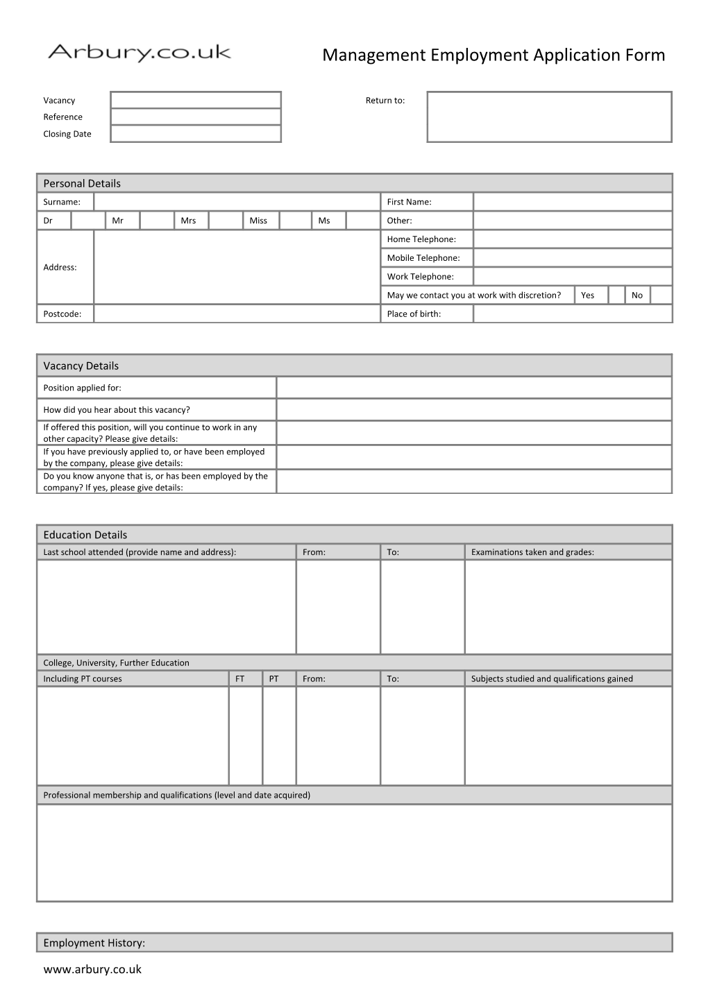 Management Employment Application Form