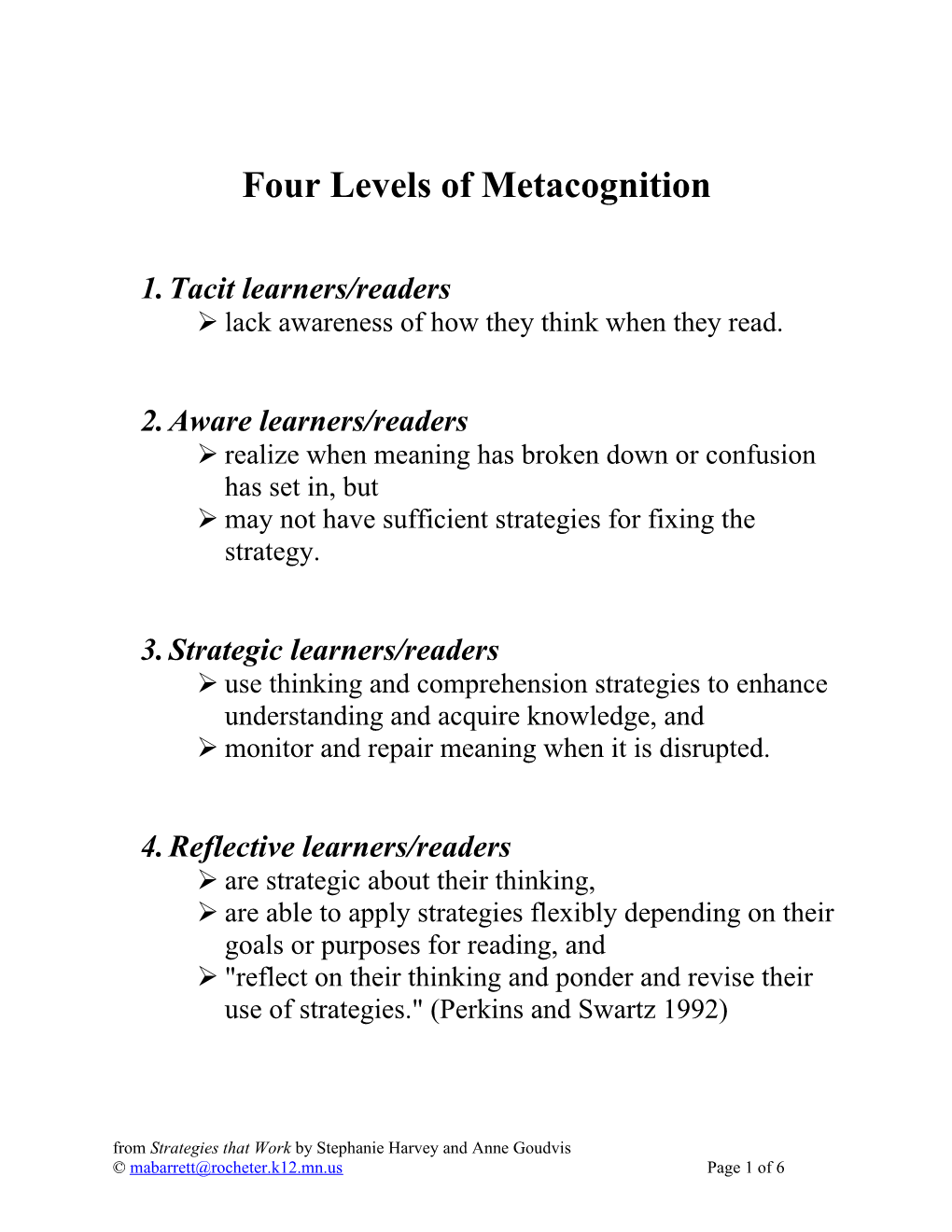 Four Levels of Metacognition