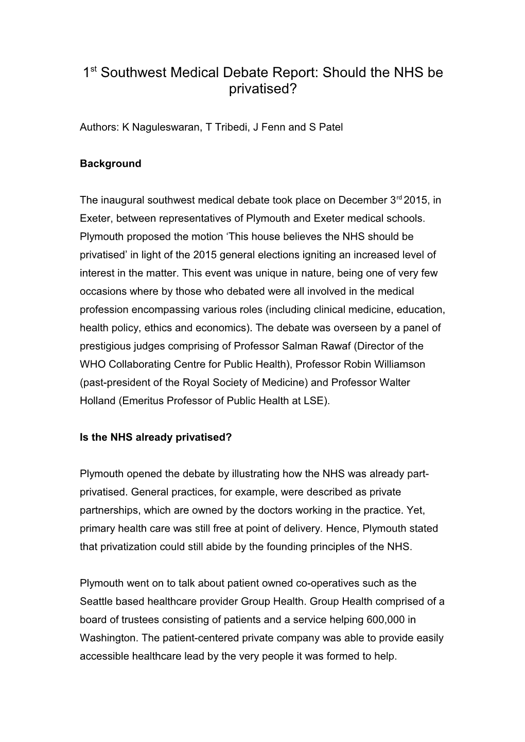 1St Southwest Medical Debate Report: Should the NHS Be Privatised?