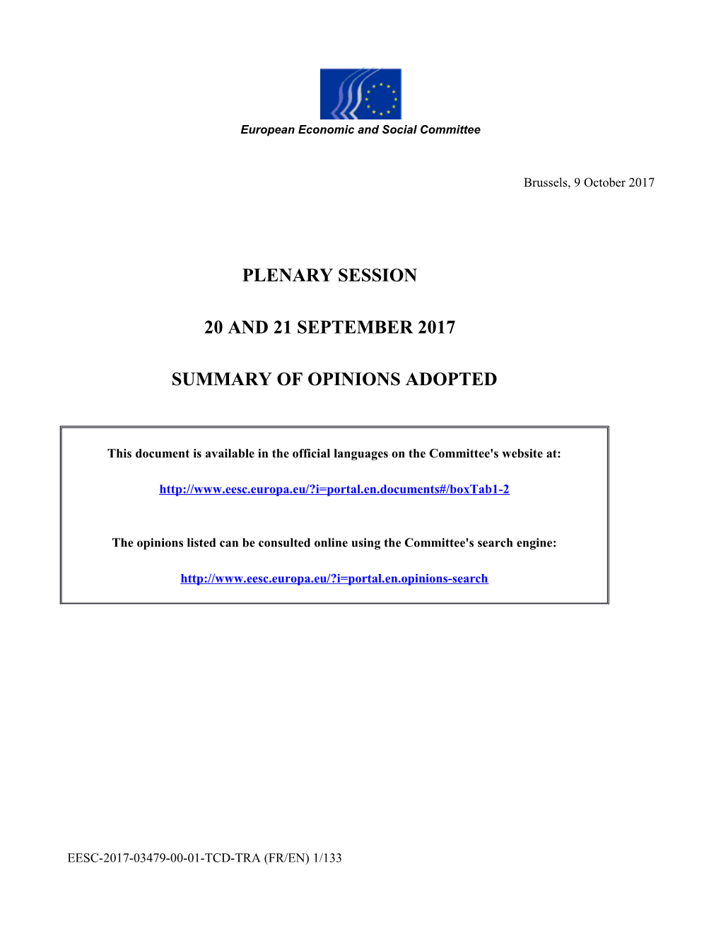 SUMMARY of OPINIONS ADOPTED Plenary Session September 2017