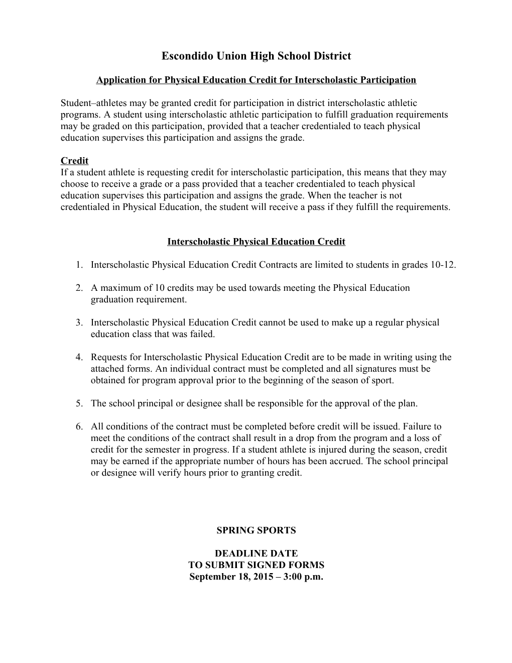 Application for Physical Education Credit for Interscholastic Participation