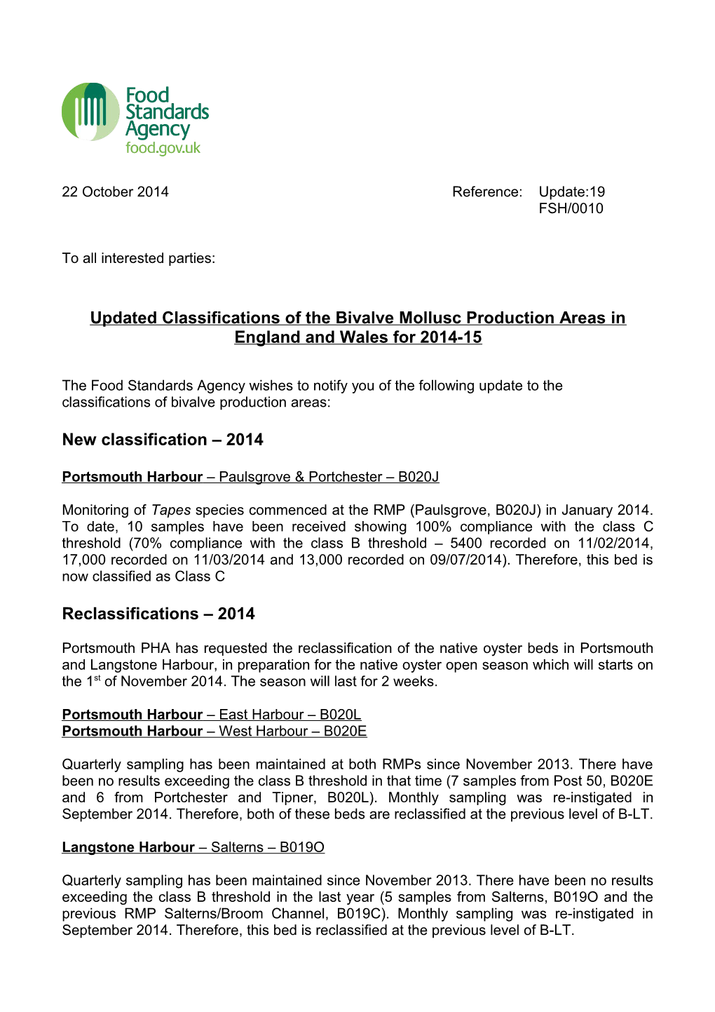 Classification of Shellfish Harvesting Areas