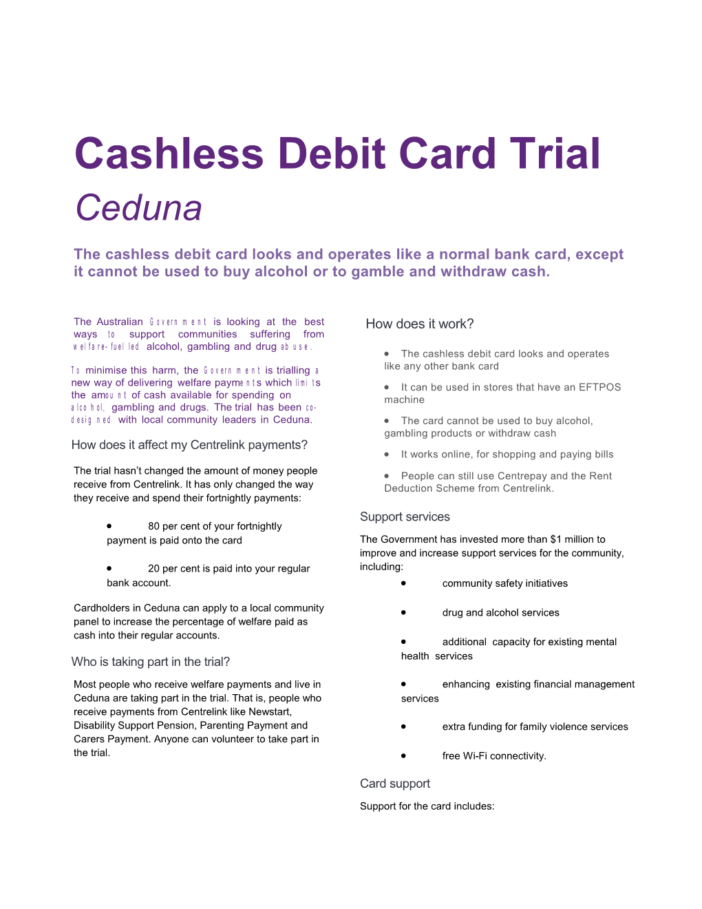 Cashless Debit Card Ceduna Fact Sheet