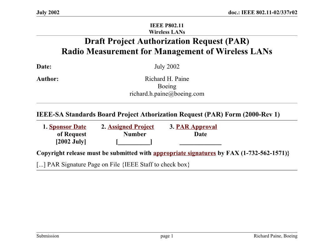 Draft Project Authorization Request (PAR)
