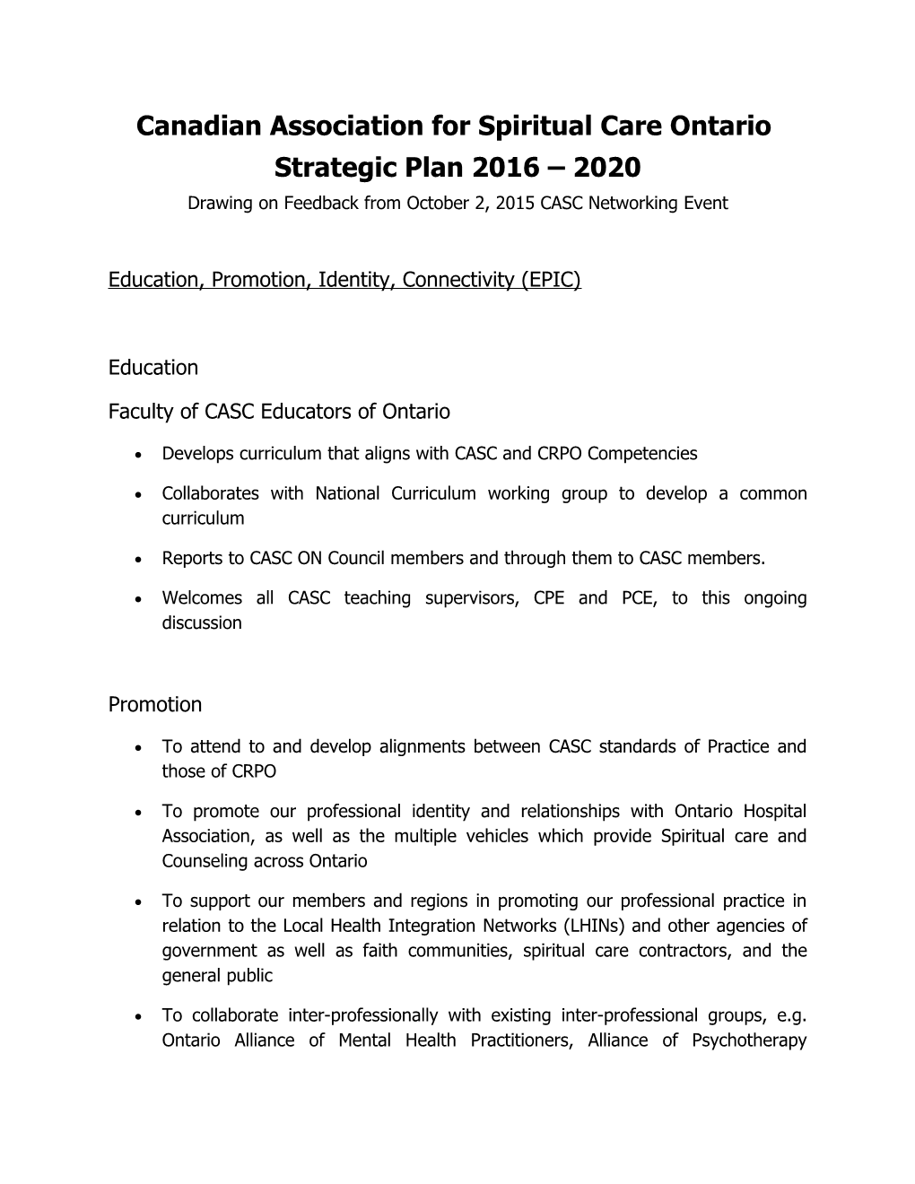 CASC Ontario Strategic Plan 2016 2020