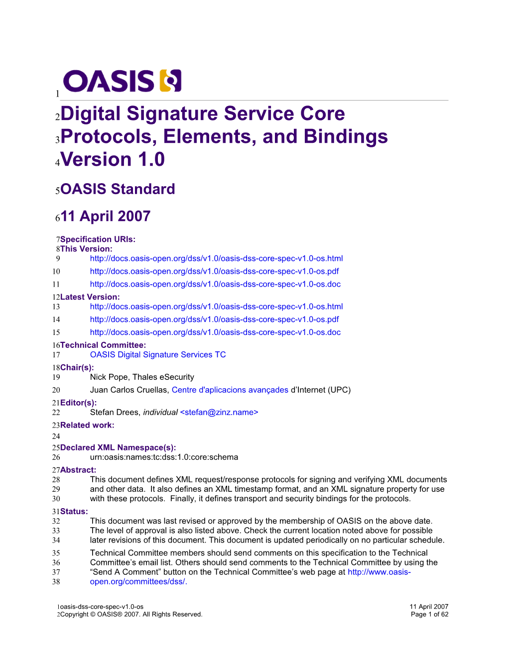 OASIS Digital Signature Service Core Protocols, Elements, and Bindings