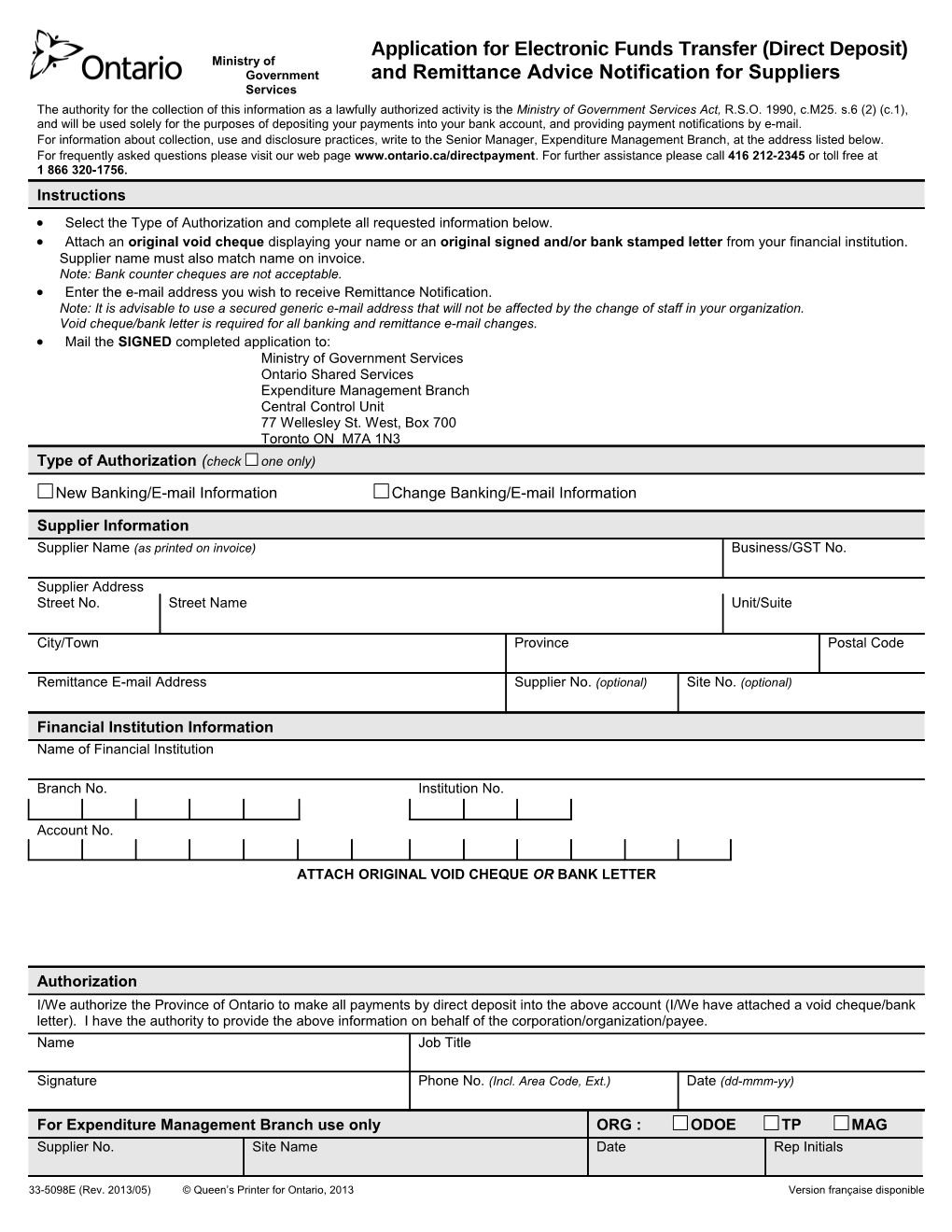 Application for Electronic Funds Transfer (Direct Deposit) and Remittance Advice Notification