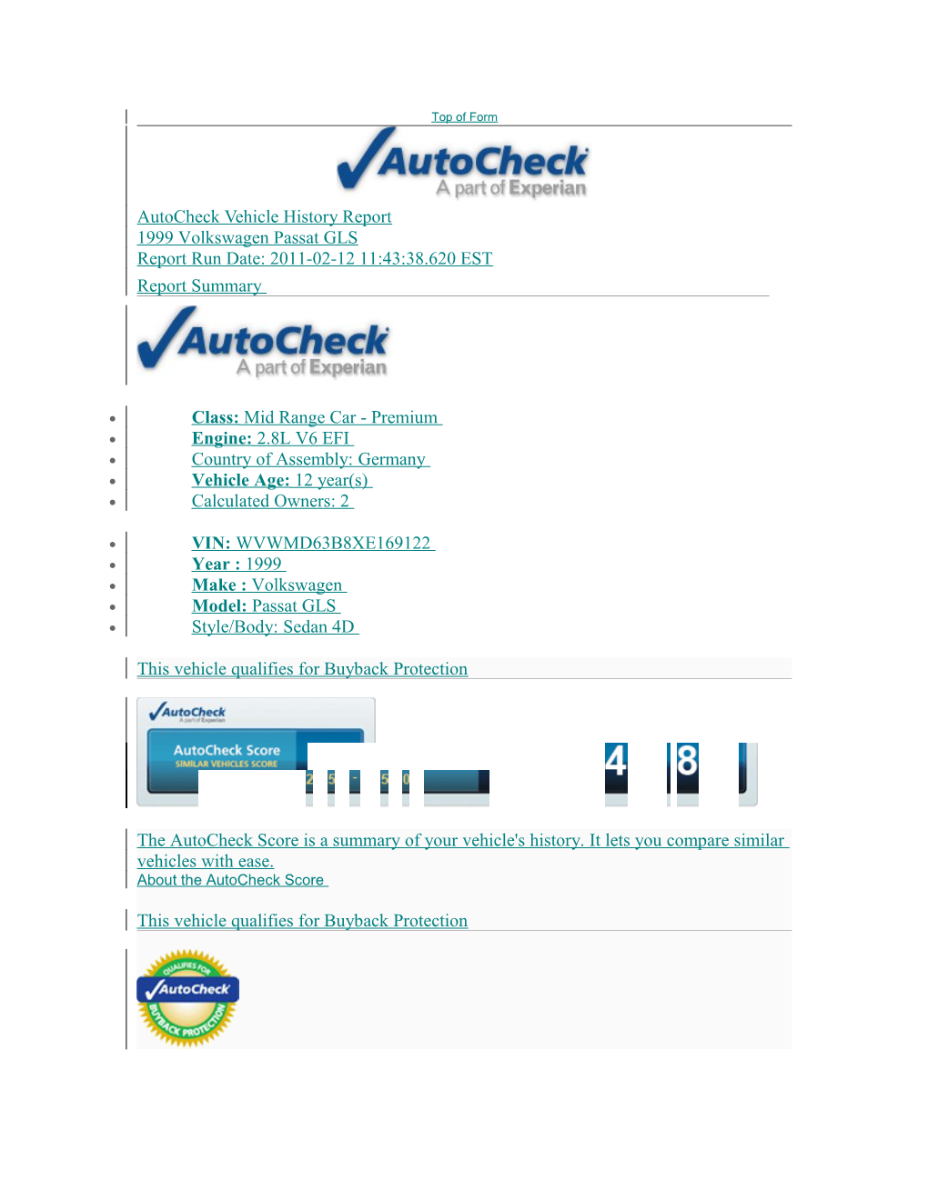 Autocheck Vehicle History Report