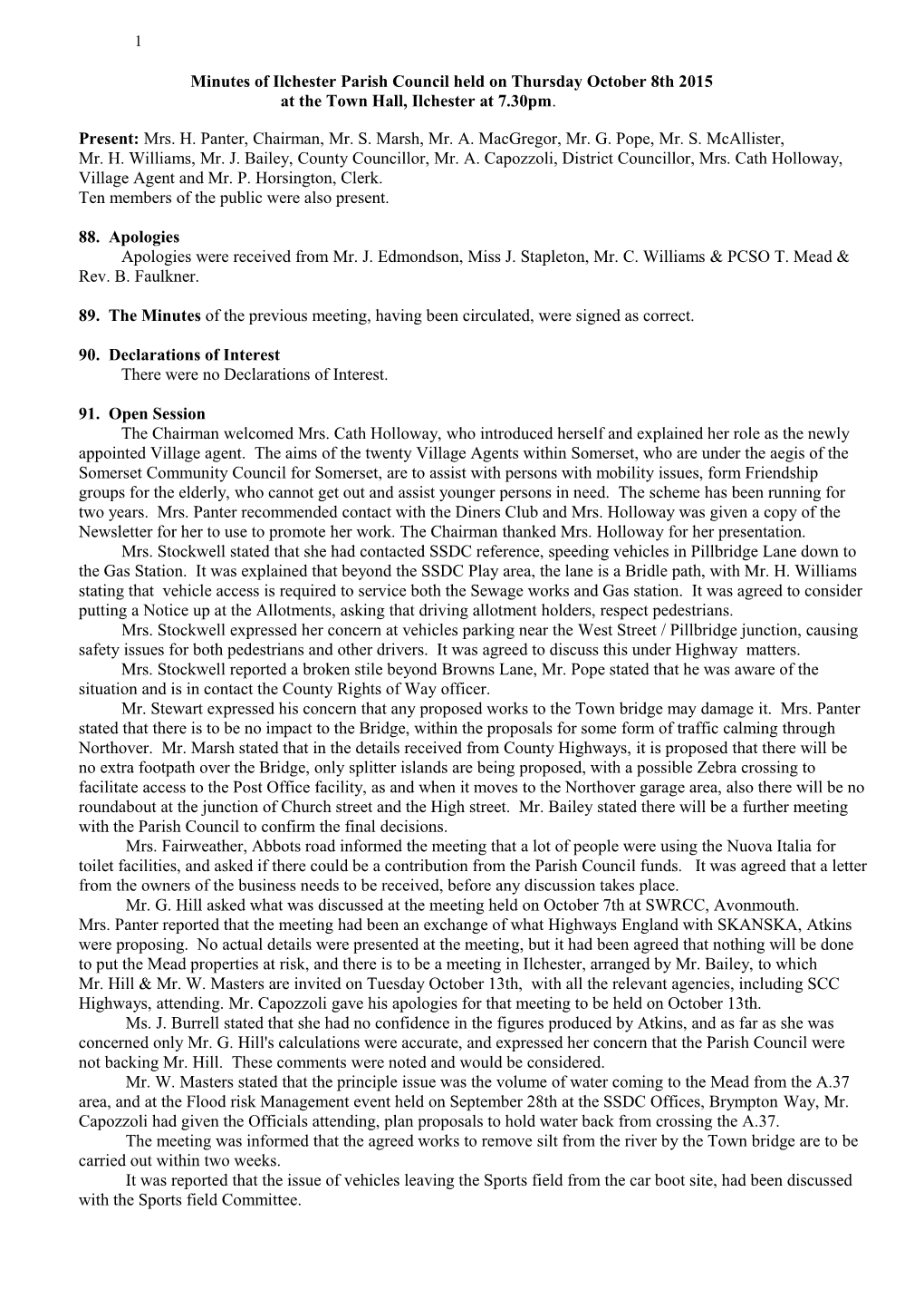 Minutes of Ilchester Parish Council Held on Thursdayoctober 8Th 2015