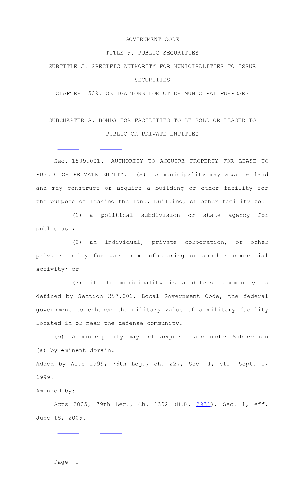 Subtitle J. Specific Authority for Municipalities to Issue Securities