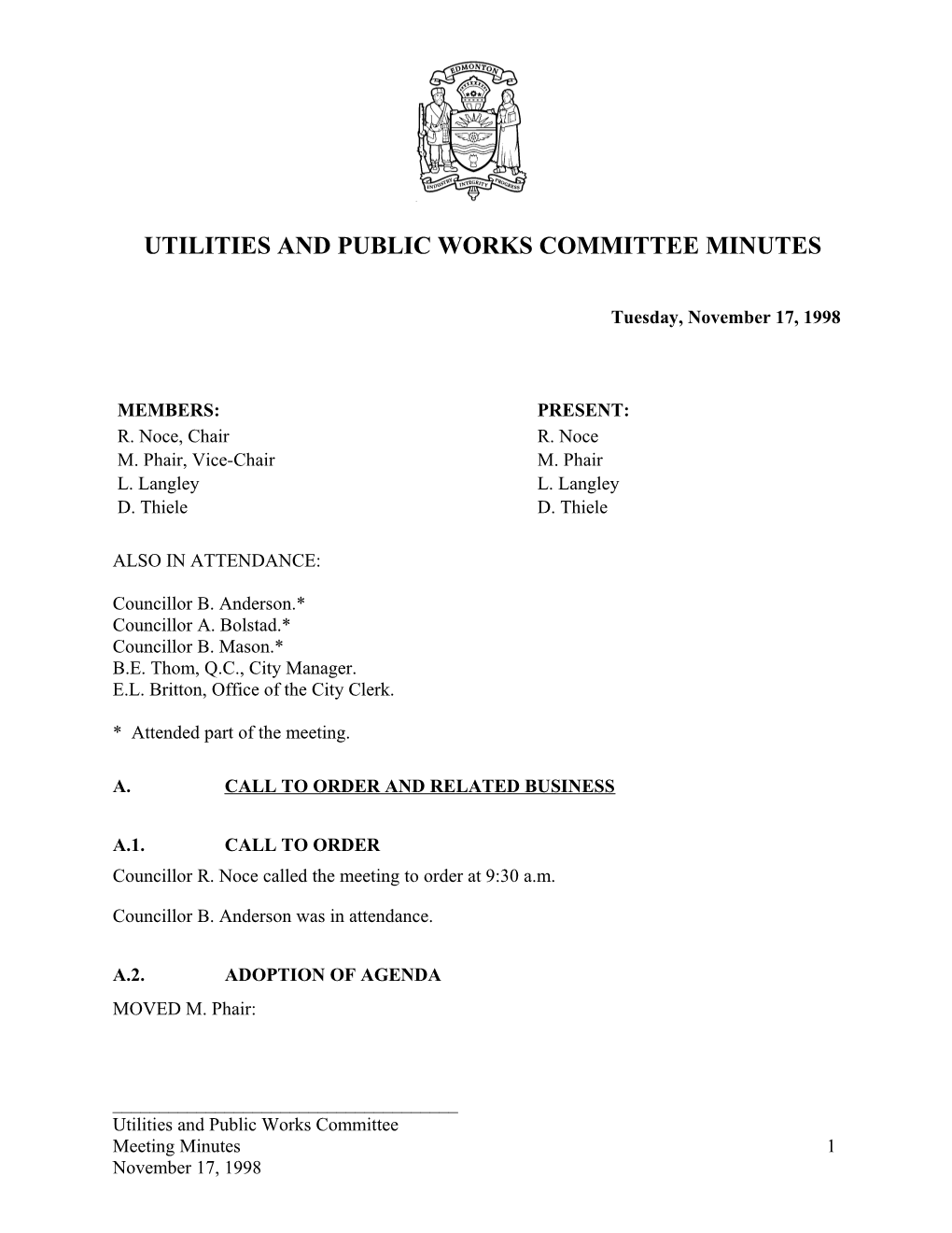 Minutes for Utilities and Public Works Committee November 17, 1998 Meeting