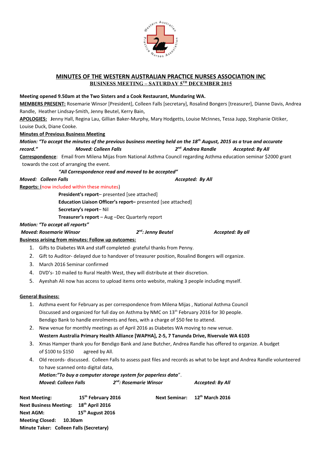 Minutes of the Western Australian Practice Nurses Association Inc