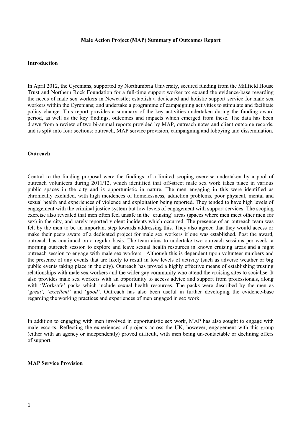 Male Action Project (MAP) Summary of Outcomes Report