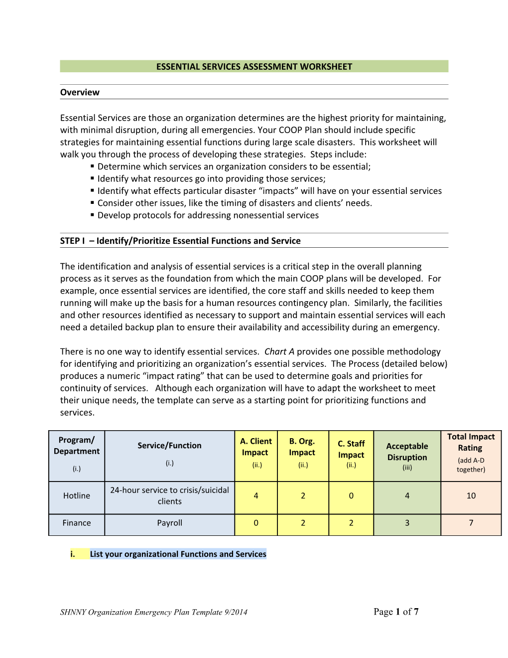 Essential Services Assessment Worksheet