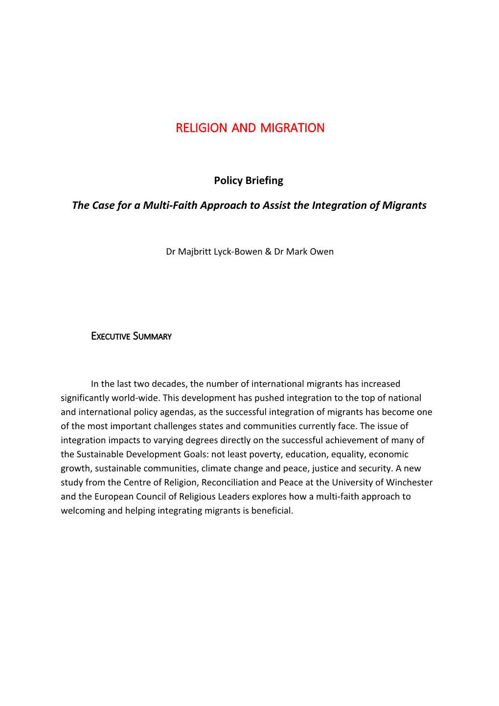 The Case for a Multi-Faith Approach to Assist the Integration of Migrants