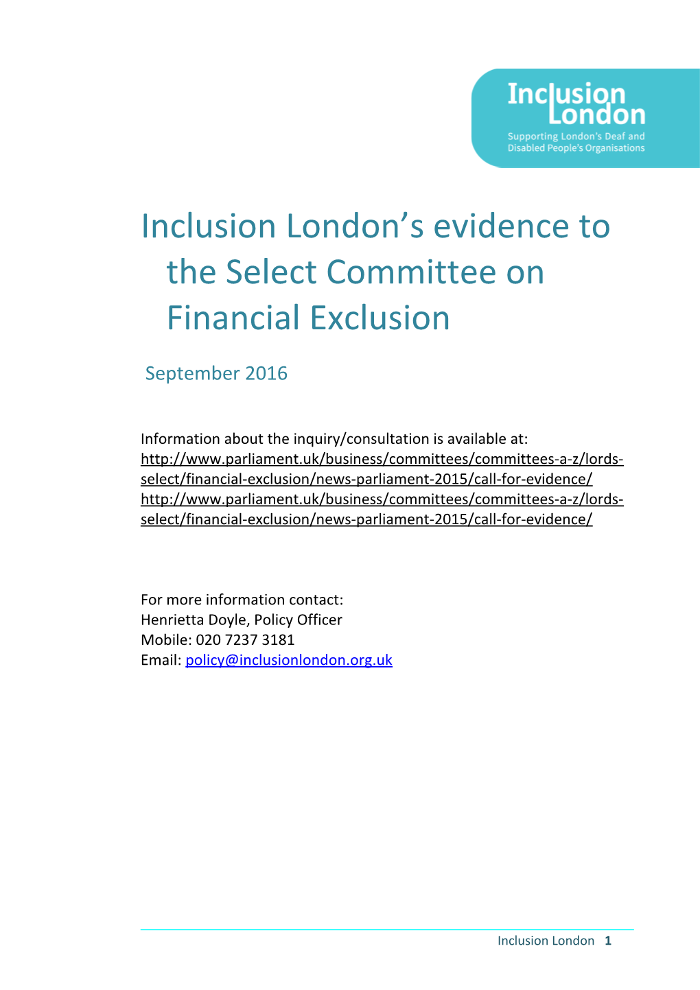 Inclusion London Sevidence to the Select Committee on Financial Exclusion