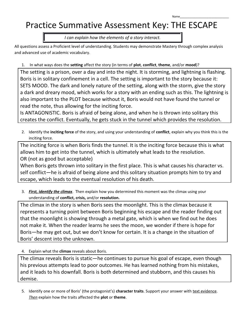 Practice Summative Assessment Key: the ESCAPE