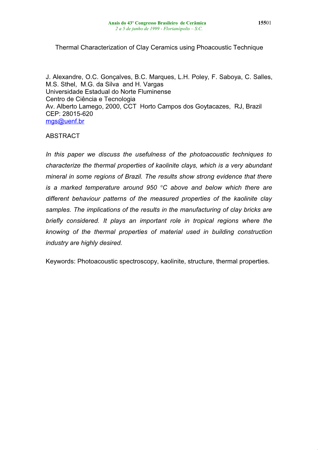 Photoacoustic Monitoring of Thermal Abd Structural Properties of Brasilian Ceramics