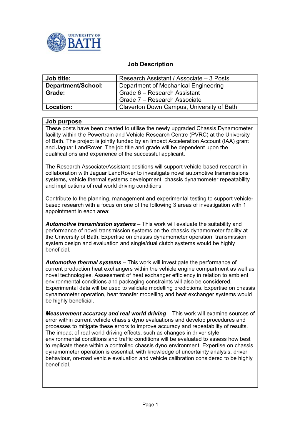 Person Specification Research Assistant (Grade 6)