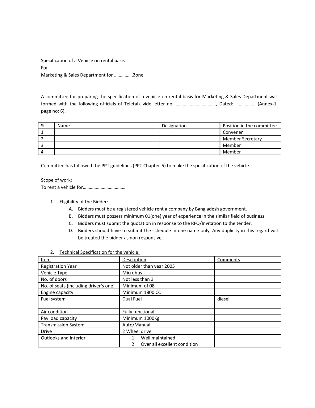 Specification of a Vehicle on Rental Basis