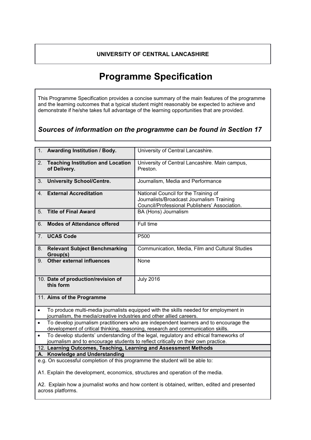 Ba Hons Journalism (Revised July 2016)