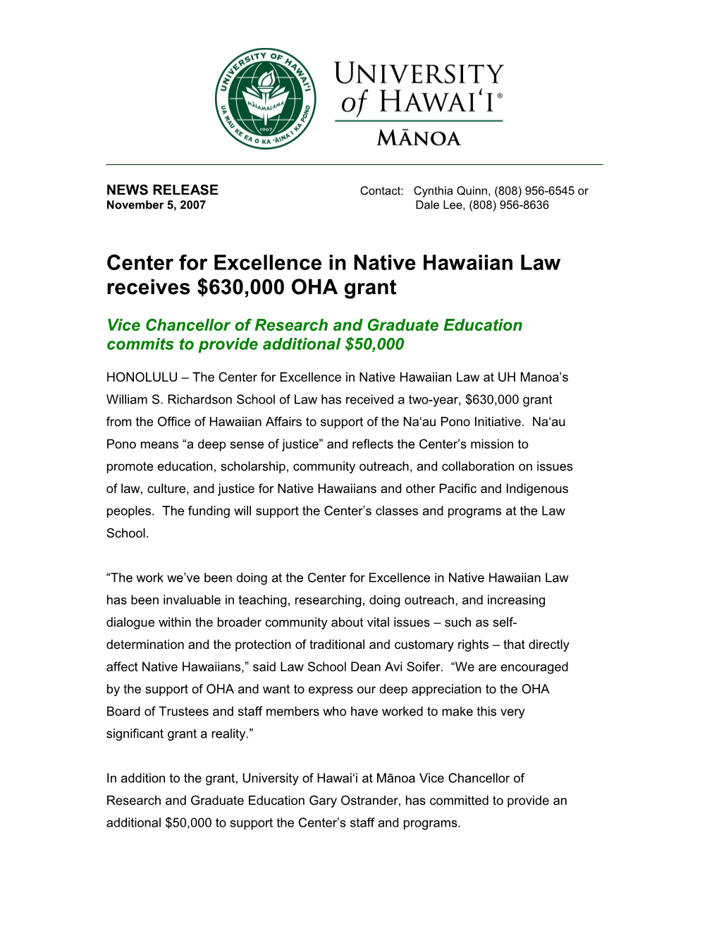 Center for Excellence in Native Hawaiian Law Receives $630,000 OHA Grant