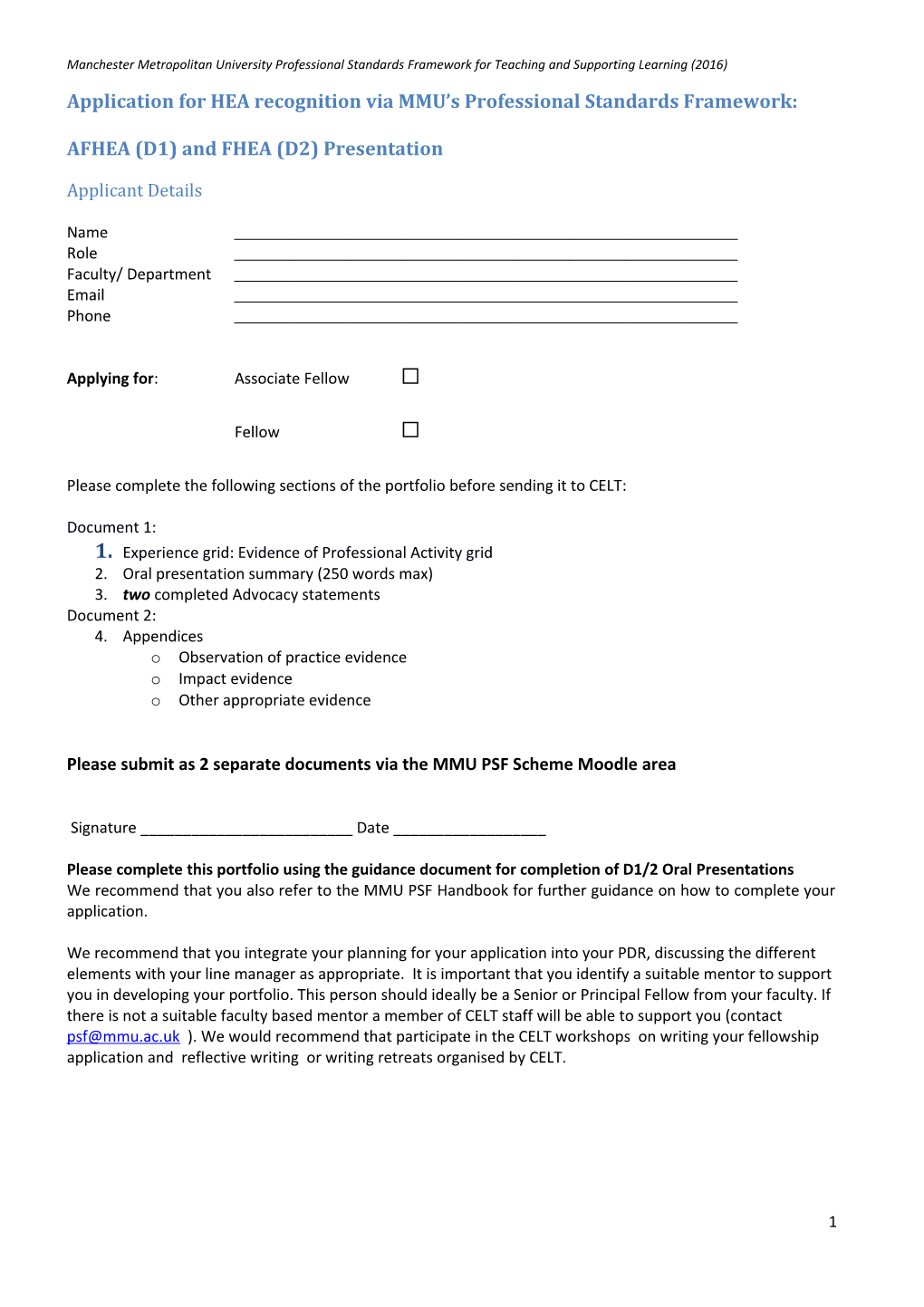 Application for HEA Recognition Via MMU S Professional Standards Framework