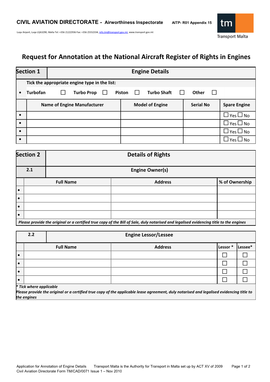 Request for Annotation of Interest of the Beneficiary of a Title on the Malta Aircraft Register